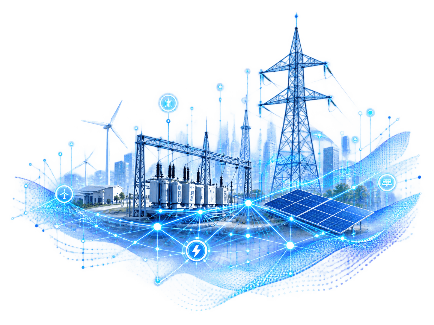 Technical smart-grid illustration with a power substation, transmission tower, solar panels and wind turbines.